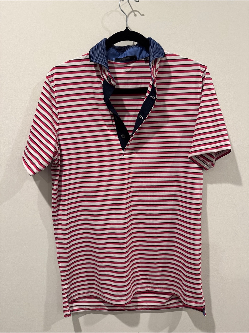 Greyson Pink & White Striped Polo with Navy Trim
